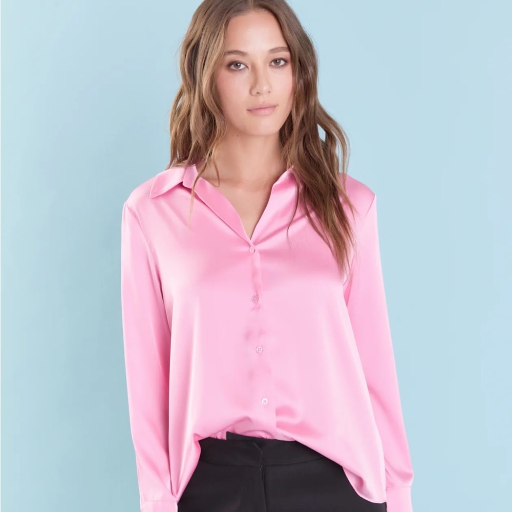 Endless Rose Pink Long Sleeve Silky Button Up Top, XS